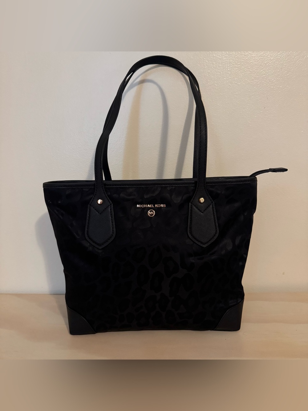 Michael Kors Eva Black Leopard Print Nylon Carryall Top Zip Tote Shoulder Bag